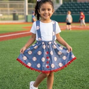 Girls Baseball Print Denim Suspender Skirt with Red Pom Trim